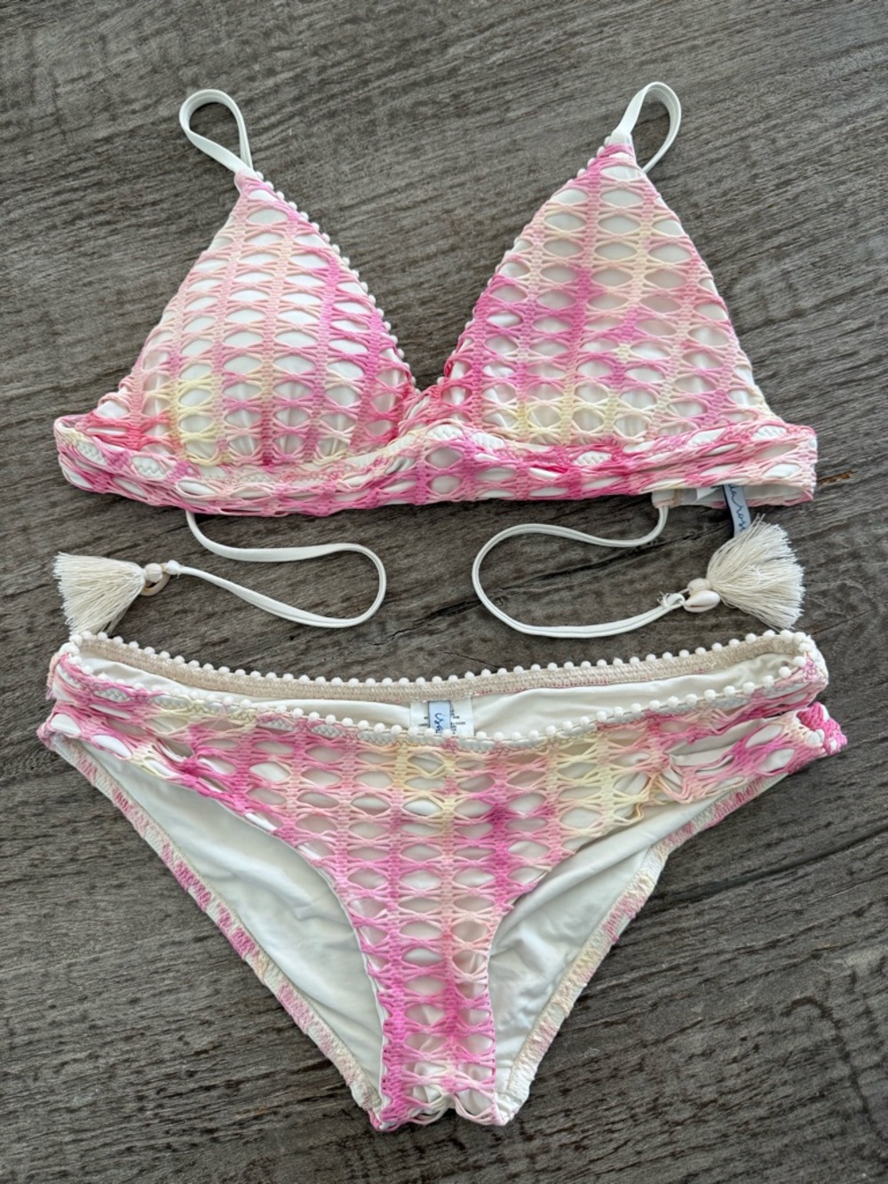 Isabella Rose Provence crochet pink and cream bikini top sz large bottom sz med